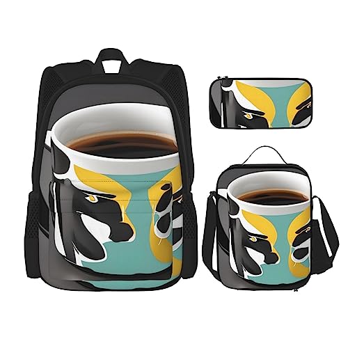 Becher Kaffee Rucksack 3-teilig Schulranzen mit Brotdose und Federmäppchen Set > Geeignet für Jungen und Mädchen, Schwarz , Einheitsgröße, Kinderrucksack von BHCASE