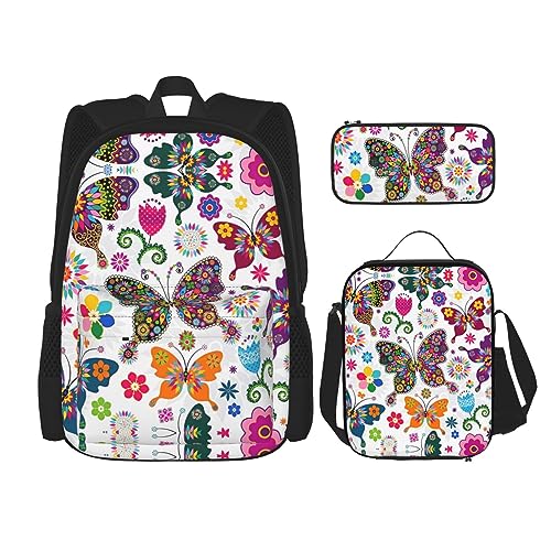 Rucksack Erwachsene Kinder Rucksack Daypack Schultasche mit Lunchtasche und Federmäppchen Kombination Weiß Blumenmuster Bunte Schmetterlinge Bild, Schwarz , Einheitsgröße von BHCASE