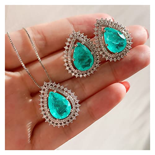 BIANMTSW Ketten für Damen 2021 New Real 925 Sterling Silber Birnenform Paraiba Turmalin Edelstein Anhänger Halskette Ohrstecker Schmuck Sets Frauen Geschenke erfüllen Mode-Accessoires von BIANMTSW