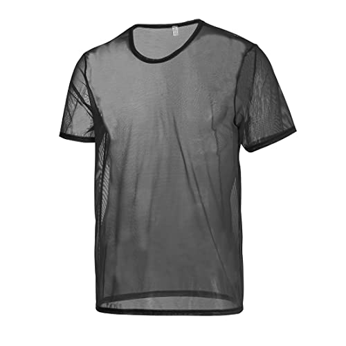 Black Herren Mens Shirts Short Sleeve See Through Sheer T-Shirt Clubwear Mesh Muscle Pullover Tops Undershirts 2XL von BIATWOWR