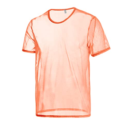 Mens Herren Sexy Shirts See Through Sheer T-Shirt Clubwear Shorts Sleeve Mesh Muscle Pullover Tops Undershirts Orange XL von BIATWOWR