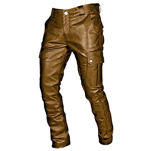 BIBOKAOKE Gothic Punk Hose Herren Retro viktorianischer Lederhosen mit Taschen Soft Kunstleder PU Leder Freizeithosen Mittelalter Ranger Hose Slim Beiläufige Sporthose Faux Leder Biker Hose von BIBOKAOKE