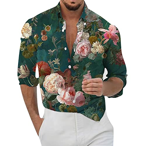 BIBOKAOKE Herren Hemd Langarm Blumenmuster Freizeithemden Bunte Funky Button Down Männer Shirt Casual Hawaii-Print Floral Shirt Hawaiihemd Revers Funshirt Langarmshirt für Party Bar Hochzeit von BIBOKAOKE