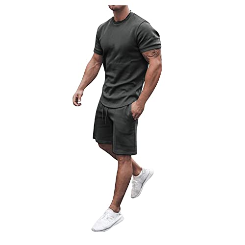 BIBOKAOKE Herren Trainingsanzug Set, Kurzarm Shorts Jogginganzug Zweiteiler Klassisch Einfarbig Rundhals Sportanzug Sommer Tshirts Kurze Hose Set Outfit dünne Lose Fitnessanzug Freizeitanzug von BIBOKAOKE