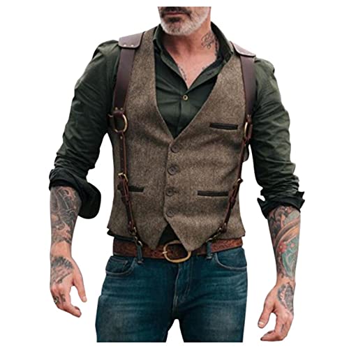 BIBOKAOKE Herren Tweed Anzug Weste Britischer Stil Jagd Weste Jacke mit Knöpfen Riemen Vintage Slim Fit V Ausschnitt Anzugweste Party Fotografie Wandern Weste Anglerweste mit Vielen Taschen von BIBOKAOKE