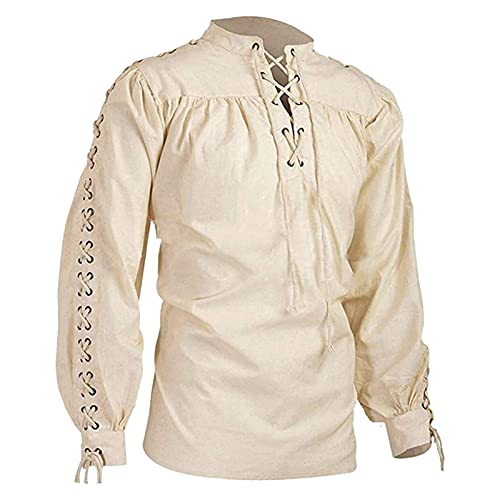 BIBOKAOKE Mittelalter Gothic Hemd Herren Piratenhemd Barock Rüschenhemd Kostüm Ethnic Style Vintage Langarm-Hemd Cosplay Victorian Cross Bandage Langarm Schnürhemd Punk Kleidung, Beige12, XXL von BIBOKAOKE