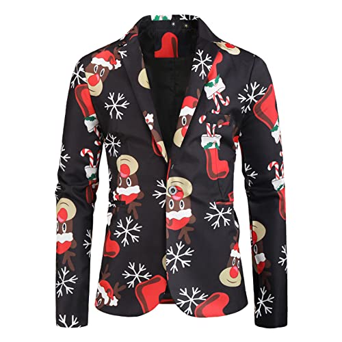 BIBOKAOKE Sakko Herren Weihnachten Slim Fit Blazer Freizeit Jackett Weihnachtsblazer Floral Elk Print Smoking Jacke Schmaler Einreihiger Mantel Revers Freizeit Langarm Anzug Festlich Kostüm von BIBOKAOKE