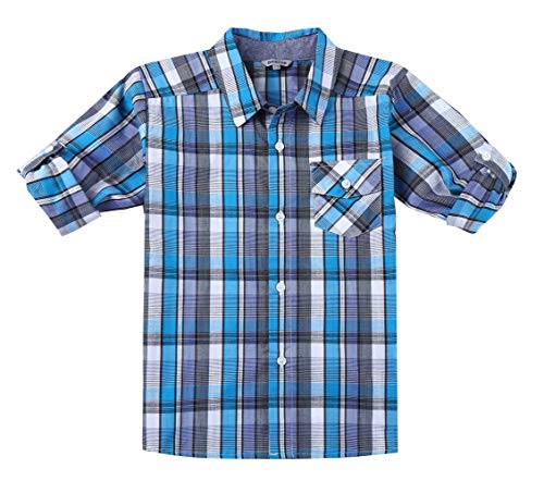 BIENZOE Jungen Baumwolle Plaid Aufrollen Hemd Blau/Marine Größe 9/10 von BIENZOE