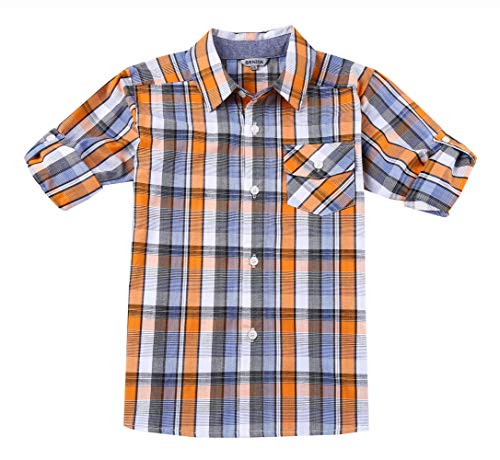 BIENZOE Jungen Baumwolle Plaid Aufrollen Hemd Orange/Marine Größe 13/14 von BIENZOE