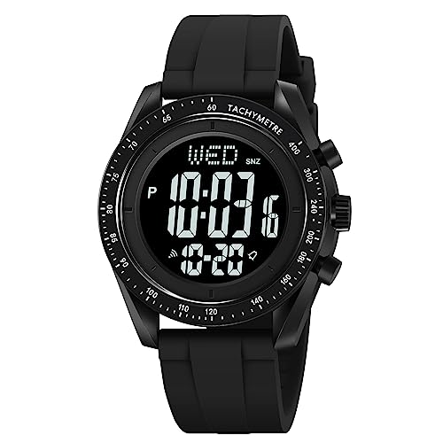 BIEWO Digitale Herren-Sportuhr mit Alarm, Countdown, Dualzeit, wasserdicht, ultradünn, Weitwinkel-Display, Armbanduhr für Männer und Frauen, schwarz / schwarz, Armband von BIEWO