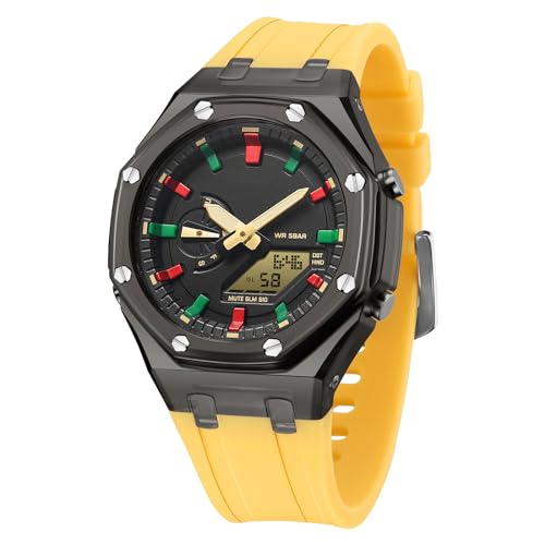 BIEWO Herren-Armbanduhr, analog, digital, Sport, Damen, Dual-Display, wasserdicht, Militär-Uhren mit Weltzeit-Multifunktionsuhr für Unisex, Schwarz / Gelb von BIEWO