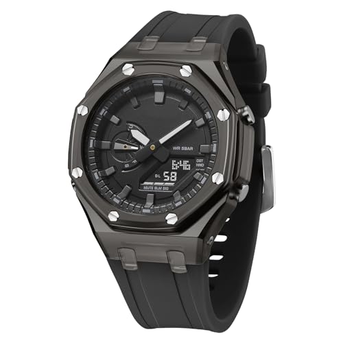 BIEWO Herren-Armbanduhr, analog, digital, Sport, Damen, Dual-Display, wasserdicht, Militär-Uhren mit Weltzeit-Multifunktionsuhr für Unisex, Schwarz von BIEWO