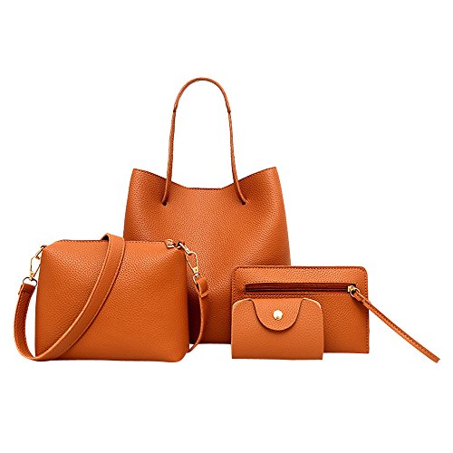 BIISDOST 4 Stücke Frauen Muster Lederhandtasche + Umhängetasche + Umhängetasche + Kartenpaket Einkaufen Taschen (Brown, One Size) von BIISDOST