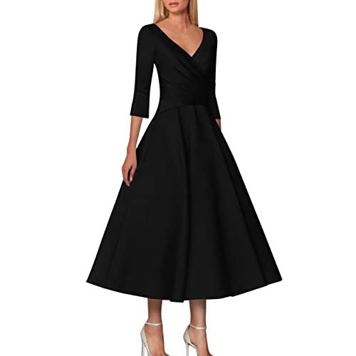 BIISDOST A-Linie Kleid für die Brautmutter, Hochzeitsgast, Vintage, Übergröße, elegant, V-Ausschnitt, Teelänge, Satin, 1/2-Ärmel mit Falten Kleid Blumen (Black, XL) von BIISDOST