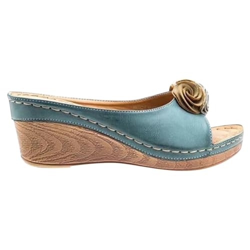 BIISDOST Damen-Hausschuhe mit Blumenmuster, Plattform, dicke Sohle, Keil, lässige Hausschuhe, Sandalen Gelbe Schuhe Damen (Blue, 41) von BIISDOST