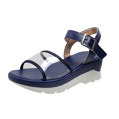 BIISDOST Damen-Sandalen für Frühling/Sommer, groß, lässig, dicke Sohle, transparente Spitze Gastronomie Schuhe Damen (Blue, 43) von BIISDOST