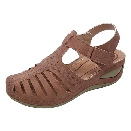 BIISDOST Damen-Sandalen mit Keilabsatz, weich, hohl, geschlossene Zehen, Sommer-Plateauschuhe, Sandalen Damenschuhe Plateau (Brown, 39) von BIISDOST