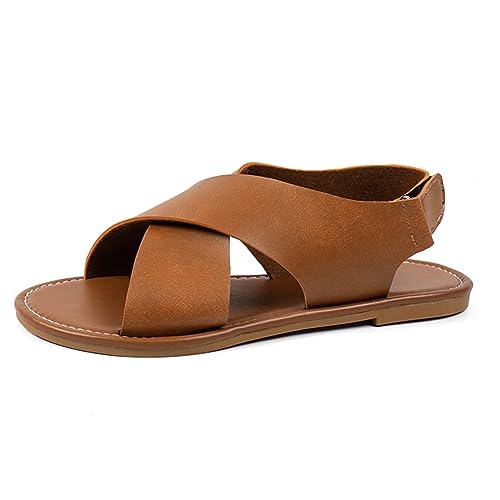 BIISDOST Damen-Strandsandalen, hohle lässige Hausschuhe, flache Schuhe, Retro-Sandalen Damenschuhe 43 44 Absatz (Brown, 38) von BIISDOST