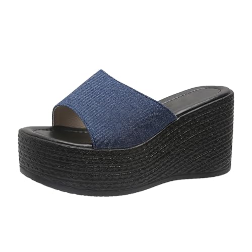 BIISDOST Für den Sommer tragen Frauen dicke biskuitfarbene, flache High-Heel-Sandalen mit schrägen Absätzen Damenschuhe Weite H 38 (Dark Blue, 42) von BIISDOST