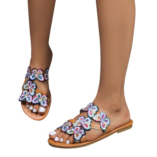 BIISDOST Lässige, flache, flache Sandalen für Damen, Sommer, Strand, bunte Schleife Winter Damenschuhe Wasserfest (Brown, 42) von BIISDOST