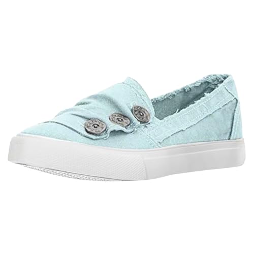 BIISDOST Lässige Damen-Schuhe aus Segeltuch mit Knopfleiste und runder Zehenpartie, atmungsaktiv, bequem, leicht, Ballett-Low-Top-Lazy-Walking-Schuhe Damenschuhe Blau (Blue, 42) von BIISDOST