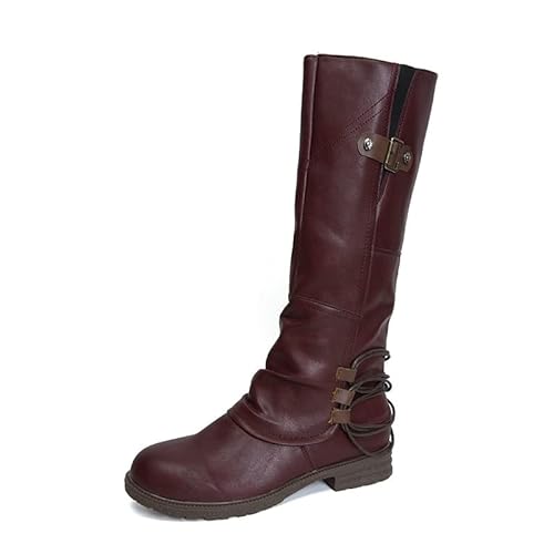 BIISDOST Militär Herren 43 Absätze Reitkniestiefel Damenstiefel Hohe Winter Flache Hohe Damenstiefel Jacks Damen Schwarz (zjsjm-B-Wine, 37) von BIISDOST