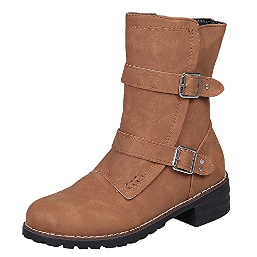 BIISDOST Militär Herren Wüste Kinder Junge 34 Damen-Vintage-Schnürstiefel mit runder Zehenpartie, die warm bleiben, mittlere Cowboystiefel für Damenschuhe Damen Biker (zjsjm-B-Brown, 38) von BIISDOST