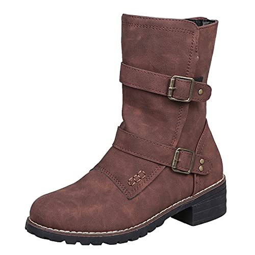 BIISDOST Militär Herren Wüste Kinder Junge 34 Damen-Vintage-Schnürstiefel mit runder Zehenpartie, die warm bleiben, mittlere Cowboystiefel für Damenschuhe Damen Biker (zjsjm-B-Coffee, 37) von BIISDOST