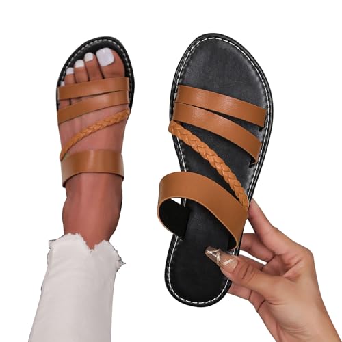 BIISDOST Modische und bequeme flache Hausschuhe und Sandalen für Damen, einfarbig, große Größe, One-Line Wasserdichte Schuhe Damen (Brown, 37) von BIISDOST