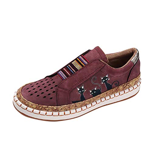 BIISDOST Schuhe Lässige Katze Elastische Einzelschuhe Größe Überschuhe Flach Damen Print Plus Freizeitschuhe für Damen Walking Schuhe Damen Weit (Brown, 39) von BIISDOST