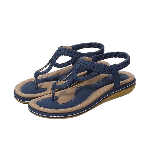 BIISDOST Zehentrenner Sandalen Damen Schwarz, Sommerschuhe Strandsandalen Bequem Retro Römersandalen Flip Flops Flach Rutschfest Zehensandalen Plateausandalen Stretch Damensandalen Gr.35-43 von BIISDOST