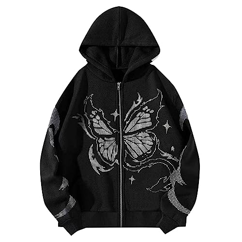 BIKETAFUWY Damen Herren Y2K Jacke Zip Up Hoodies Goth Brief Graphics Harajuku Oversized Sweatshirt Vintage Kapuzenjacke Sweatjacke mit Kapuze 90er E-Girl Top White Schwarz S-XXL von BIKETAFUWY