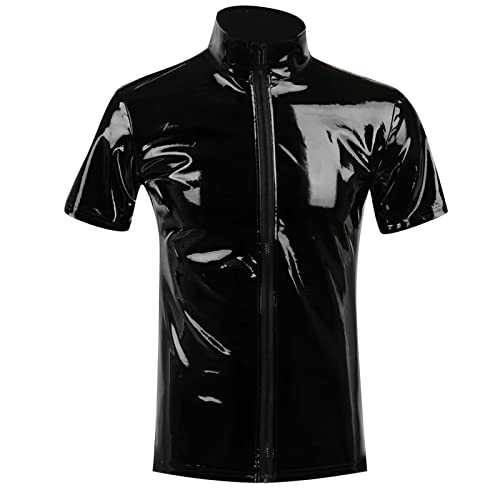 BIKETAFUWY Herrenmode Casual Einfarbig Sexy Mantel Sexy Ledermantel Kleidung Kurzarm Reißverschluss Elefantenunterhose Herren (004-C-Black, L) von BIKETAFUWY