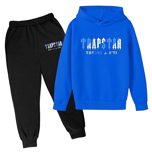 Kinder Jogginganzug Trainingsanzug Sportanzug Trapstar Aufdruck Unisex Jogging Anzug Set 2 Piece Hoodie Sporthose Einfarbig Kapuzenpullover Trapstar Anzug Jungen Mädchen Jogginghose Schwarz von BIKETAFUWY