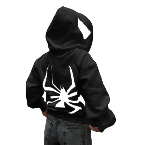 Y2k Zip Up Hoodie Herren Damen Spider Grunge Vintage Gothic Kapuzenjacke Halloween Hunny Kapuzenpullover Männer mit Backprint Streetwear für Paare Langarm Kapuzenpulli Frühling Herbst Winter von BIKETAFUWY