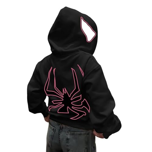 Y2k Zip Up Hoodie Herren Damen Spider Grunge Vintage Gothic Kapuzenjacke Halloween Hunny Kapuzenpullover Männer mit Backprint Streetwear für Paare Langarm Kapuzenpulli Frühling Herbst Winter von BIKETAFUWY