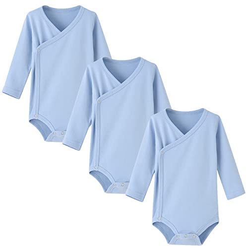 BINIDUCKLING 3er Pack Baby Jungen Mädchen Langarm Wickelbodys - 100% Baumwoll Baby Body mit Seitlichen Druckknöpfen für Neugeborene-3 Monate, Hellblau von BINIDUCKLING