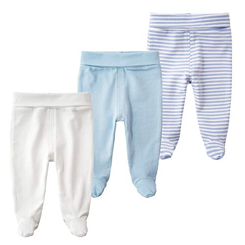 BINIDUCKLING Baby 3er Pack Hohe Taille Hose mit Fuß - aus Baumwolle - Baby Pumphose Strampelhose mit Fuß für Jungen Mädchen, 3-6 Monate, Blau von BINIDUCKLING