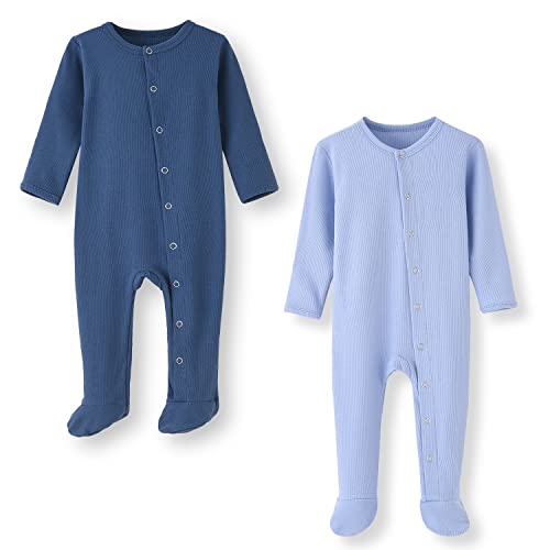 BINIDUCKLING Baby 2er Pack Druckknopf Schlafanzug, mit Fuß, mit Fäustlings Bündchen, Baumwolle - Langarm Baby Strampler Baby Pyjamas für Jungen Mädchen 0-3 Monate, Ozean Blau&Hell Blau von BINIDUCKLING