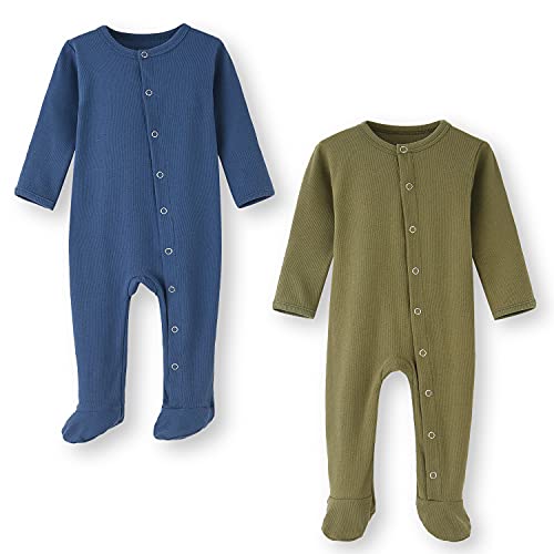 BINIDUCKLING Baby 2er Pack Druckknopf Schlafanzug, mit Fuß, mit Fäustlings Bündchen, Baumwolle - Langarm Baby Strampler Baby Pyjamas für Jungen Mädchen 3-6 Monate, Ozean Blau & Armee Grün von BINIDUCKLING