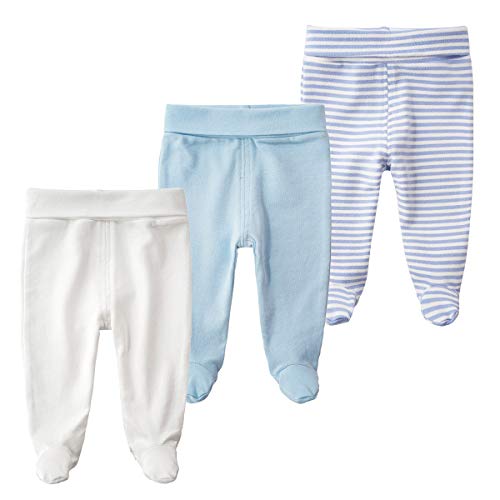 BINIDUCKLING Baby 3er Pack Hohe Taille Hose mit Fuß - aus Baumwolle - Baby Pumphose Strampelhose mit Fuß für Jungen Mädchen, 0-3 Monate, Blau von BINIDUCKLING