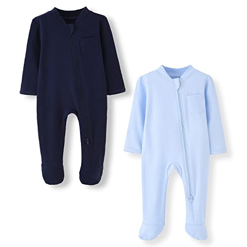 BINIDUCKLING Baby-Jungen Mädchen Schlafanzug - 2-Wege-Reißverschluss, Baumwolle, mit Füßen, 2er-Pack - Baby Schlafstrampler für Neugborene 0-3 Monate, Marine Blau&Hell Blau von BINIDUCKLING