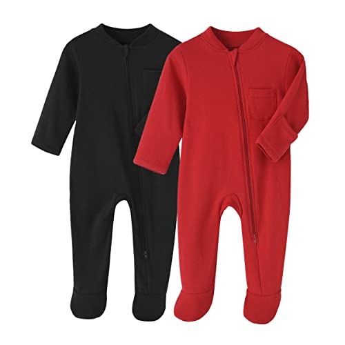 BINIDUCKLING Neugeborenes Säugling Klassische Schlafanzug 2er Pack Baby Junge Mädchen Reißverschluss Strampler-Set,Schwarz+Rot,12 Monate von BINIDUCKLING