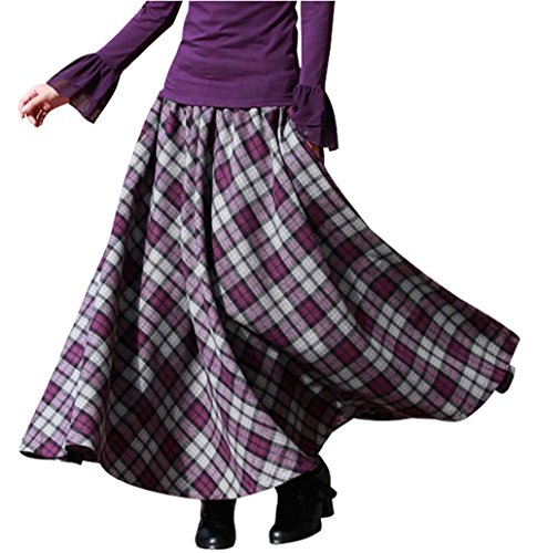 Damen Dicker Vintage Plaid Faltenrock Herbst Winter Lange Röcke (Violett, Taille 55-73/Länge 90cm) von BININBOX