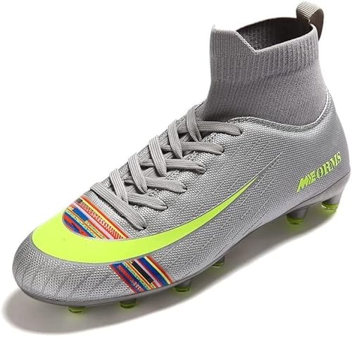 BINQER Herren-Fußballschuhe – High-Top-Fußballschuhe for den Rasen-, Innen- und Außenbereich – Spieltrainings-Sneaker for Jugendliche Fußballausrüstung (Color : D9086-silver, Size : 35 EU) von BINQER