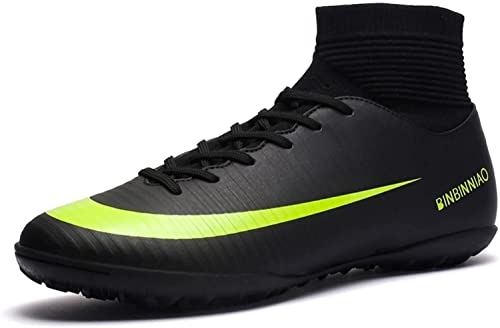 BINQER Herren Fußballschuhe High Top Spikes Jugend Outdoor Training Fußballschuhe rutschfeste und langlebige professionelle Sportschuhe Rasen Fußballausrüstung(Color:Noir Jaune 2 R,Size:45 EU) von BINQER