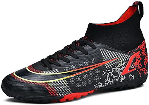 BINQER Herren Fußballschuhe High Top Spikes Jugend Outdoor Training Fußballschuhe rutschfeste und langlebige professionelle Sportschuhe Rasen Fußballausrüstung(Color:Noir Rouge R,Size:35 EU) von BINQER