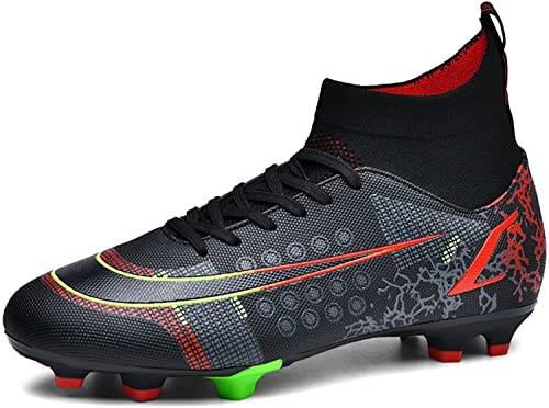 BINQER Herren Fußballschuhe High Top Spikes Jugend Outdoor Training Fußballschuhe rutschfeste und langlebige professionelle Sportschuhe Rasen Fußballausrüstung(Color:Noir Rouge T,Size:37 EU) von BINQER