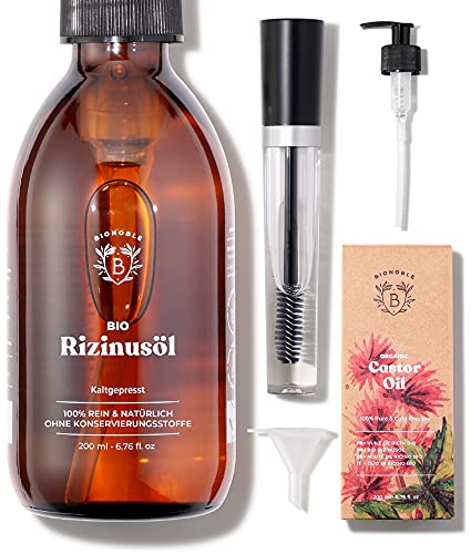 Bionoble Rizinusöl Bio 200ml - 100% Rein, Natürlich, Kaltgepresst - Wimpern, Augenbrauen, Haare, Bart, Nägel - Vegan und Cruelty Free - Castor Oil - Glasflasche + Pumpe + Mascara Kit von BIONOBLE