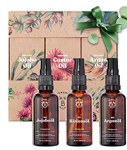 Bionoble Wellness Set für Frauen 3x50ml - Bio Rizinusöl, Arganöl, Jojobaöl - Das perfekte Geschenk: Bio-Produkte in einer ästhetischen Kartonverpackung - Beauty Set Gesicht, Körper, Haare von BIONOBLE